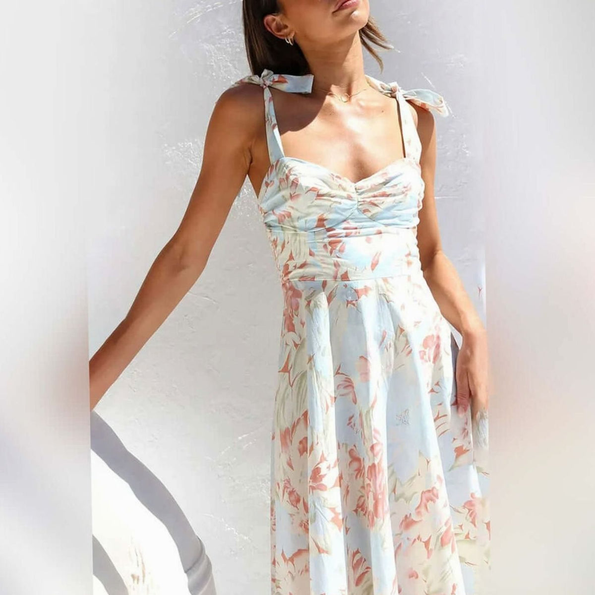 Women's Floral Midi Wedding Guest Dress Tie-Shoulder A-Line, Light Blue