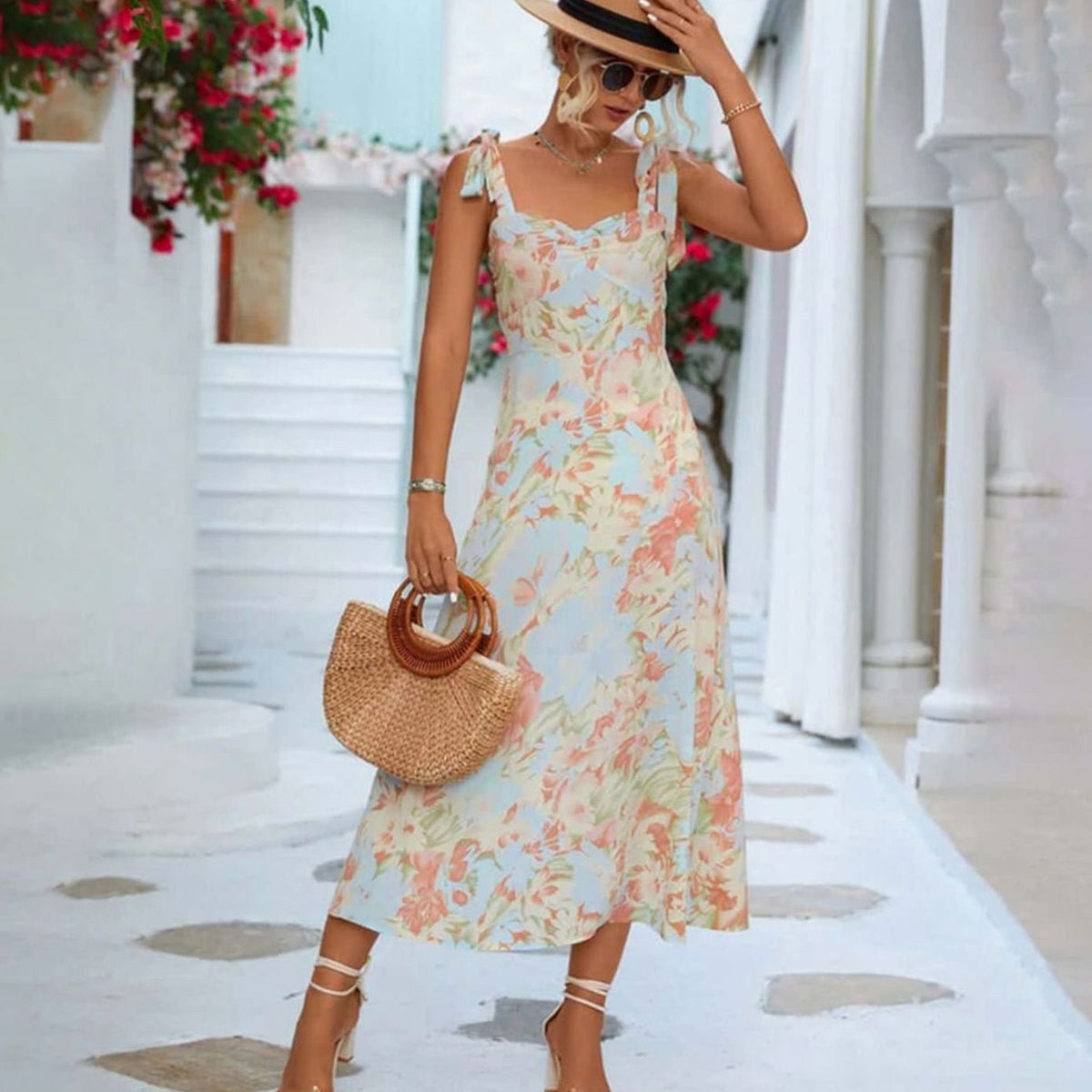 Women's Floral Midi Wedding Guest Dress Tie-Shoulder A-Line, Light Blue - Apricot