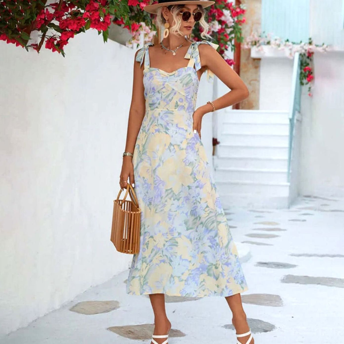 Women's Floral Midi Wedding Guest Dress Tie-Shoulder A-Line, Light Blue - Blue