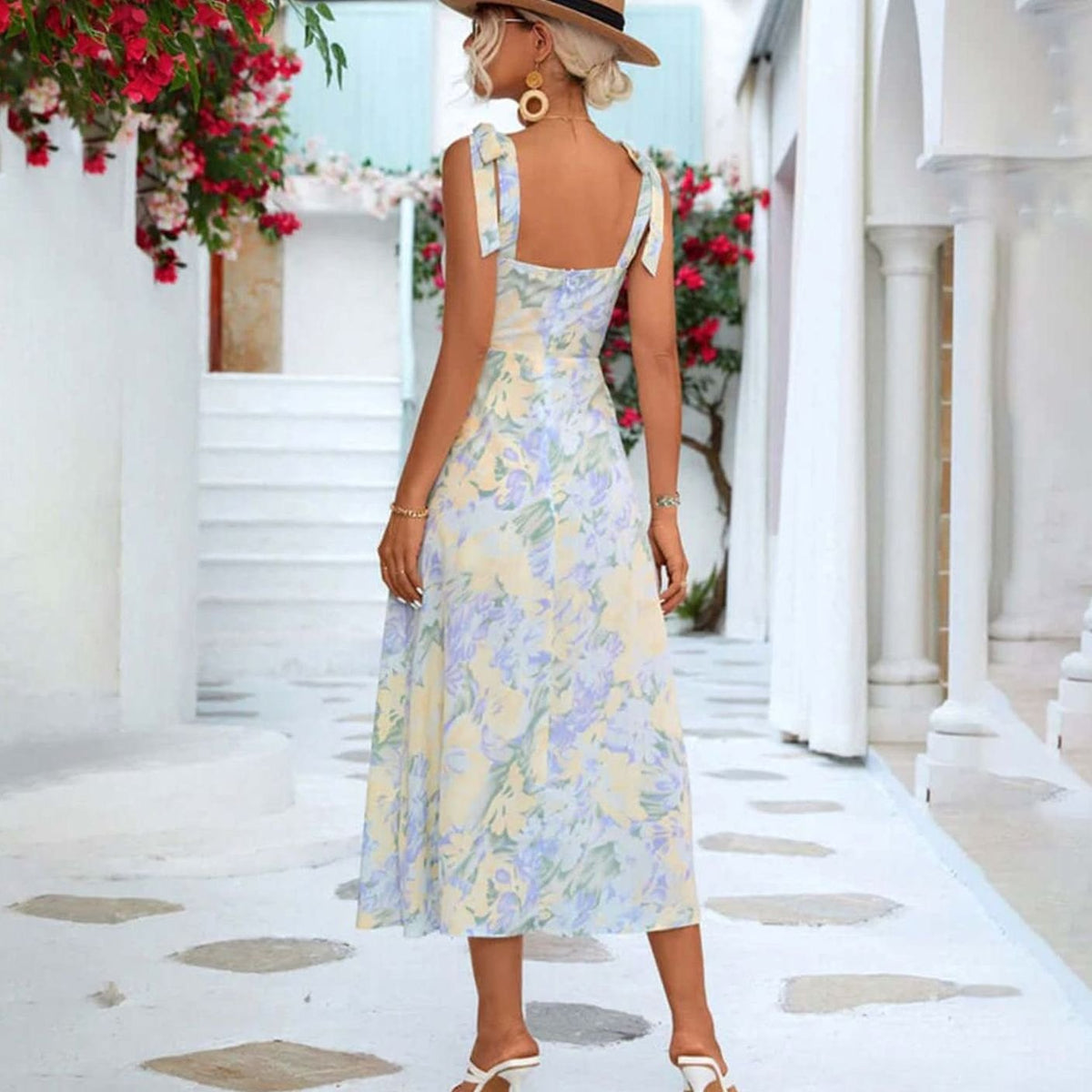 Women's Floral Midi Wedding Guest Dress Tie-Shoulder A-Line, Light Blue