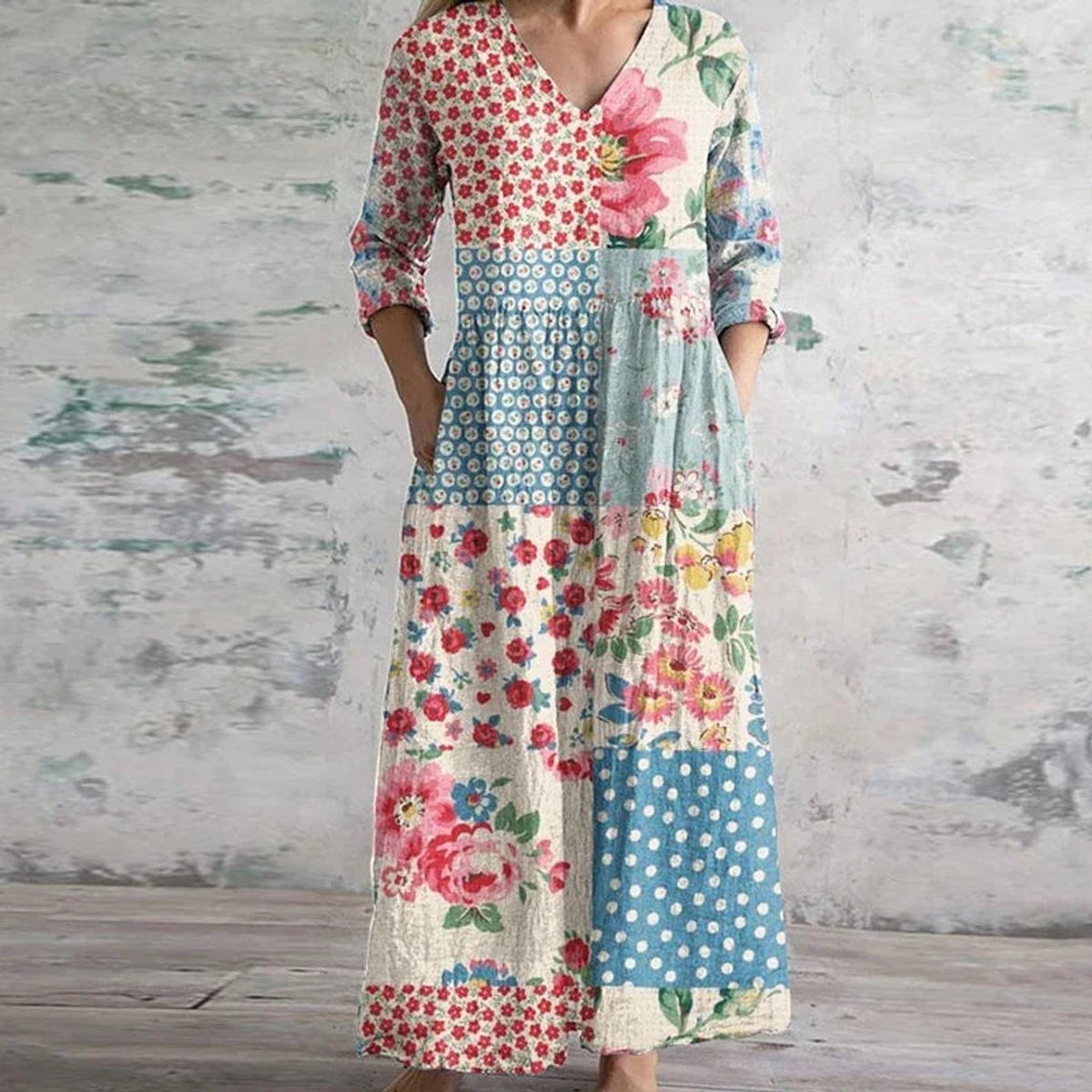 Women's Floral Patchwork V-Neck Maxi Dress - Light Blue