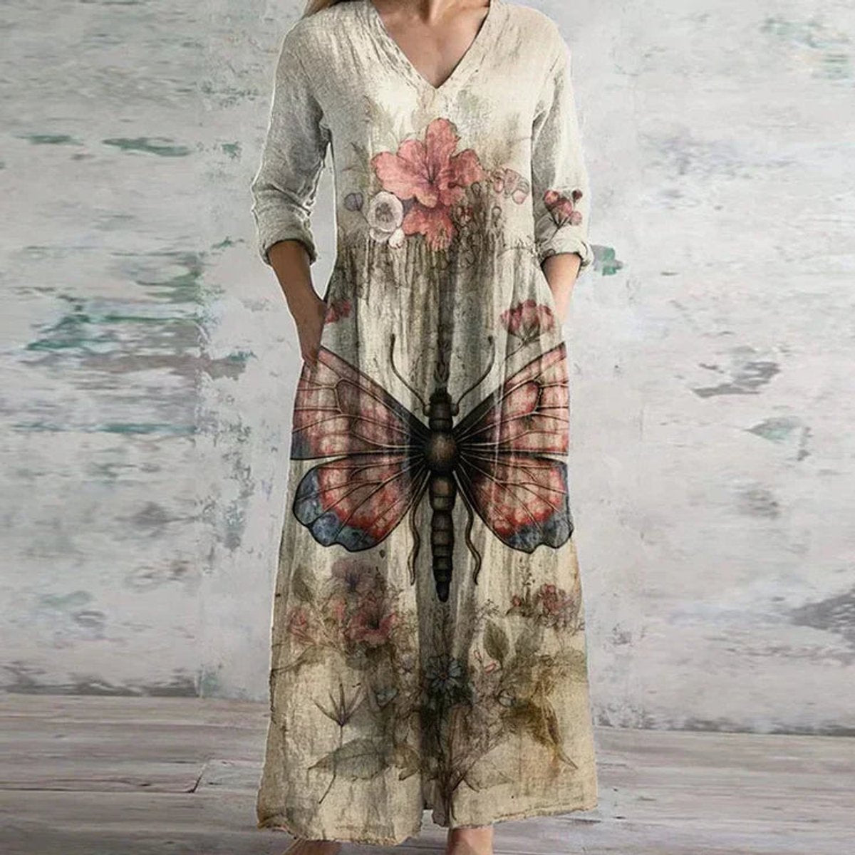 Women's Floral Patchwork V-Neck Maxi Dress - Beige