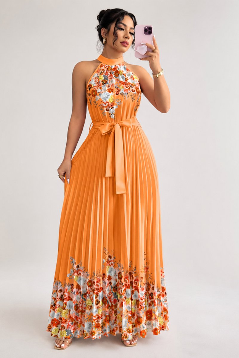 Women's Floral Pleated Halter Evening Gown Midi Dress - Orange