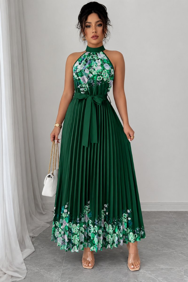 Women's Floral Pleated Halter Evening Gown Midi Dress - Dark Green