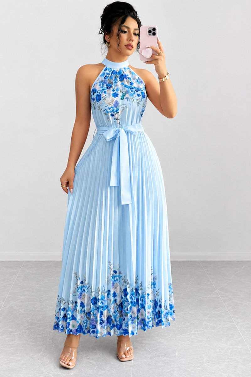Women's Floral Pleated Halter Evening Gown Midi Dress - Blue