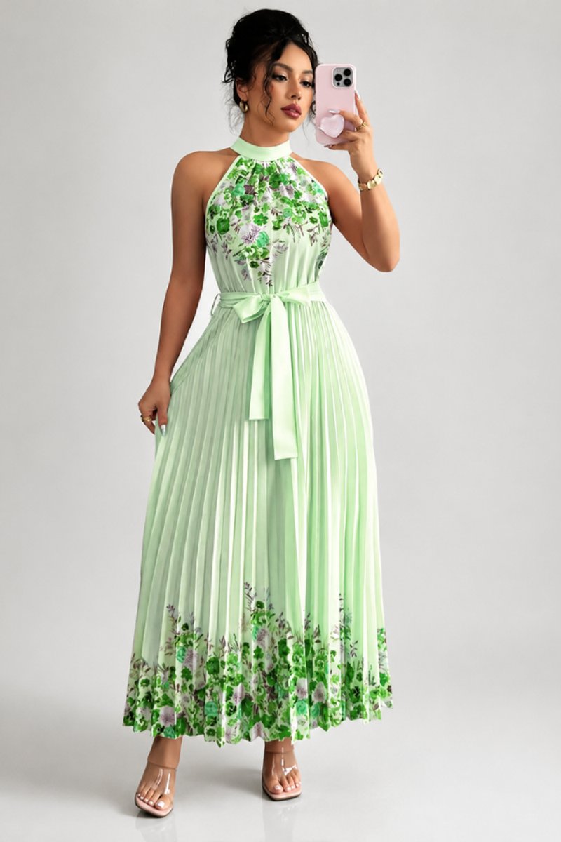 Women's Floral Pleated Halter Evening Gown Midi Dress - Green