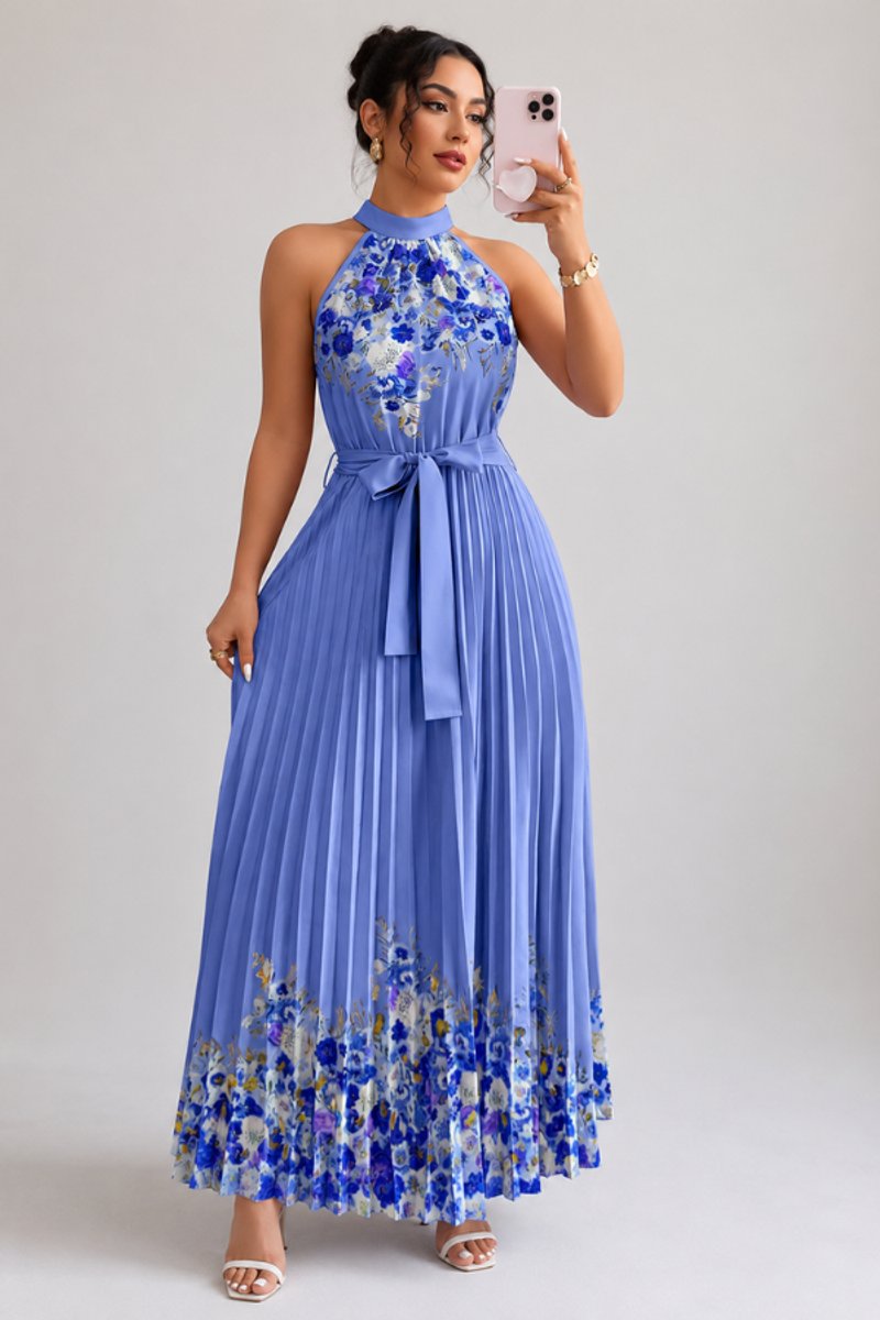 Women's Floral Pleated Halter Evening Gown Midi Dress - Dark Blue
