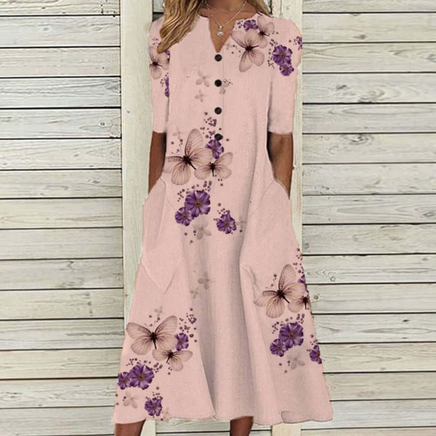 Women's Floral Print Boho Midi Dress V-Neck Short Sleeve Pockets - Pink