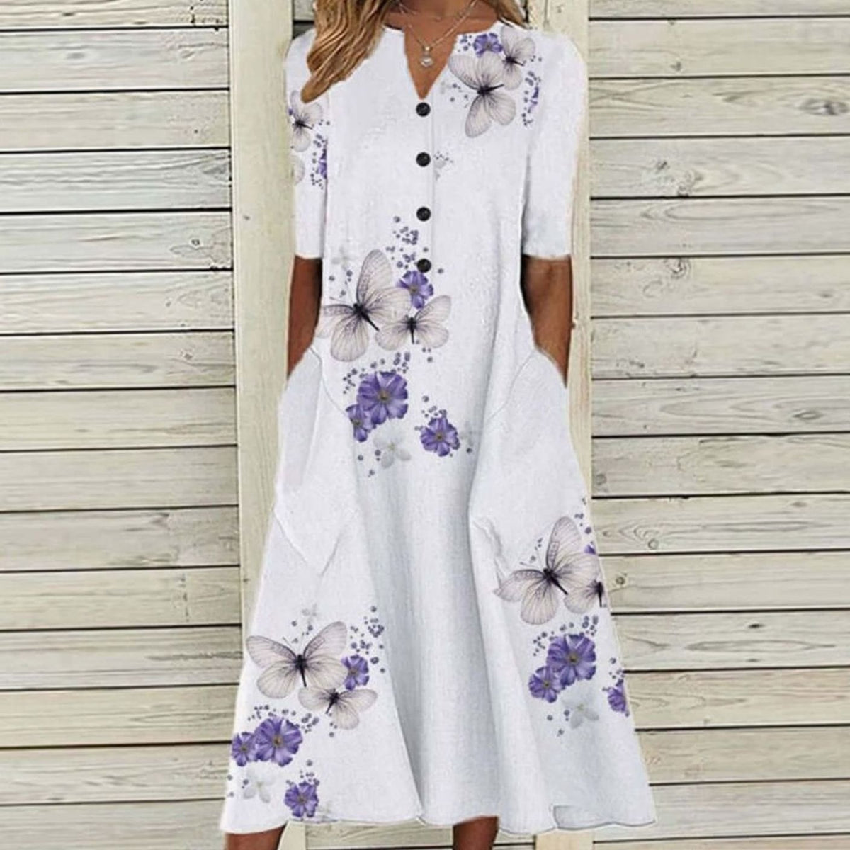 Women's Floral Print Boho Midi Dress V-Neck Short Sleeve Pockets - White