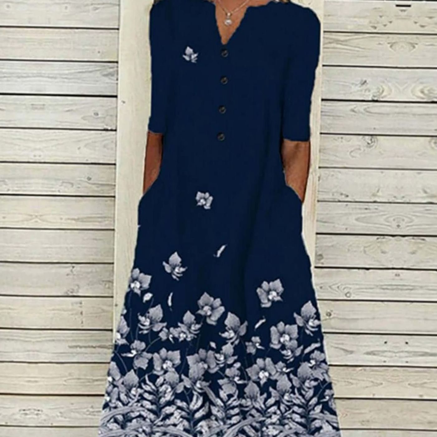 Women's Floral Print Boho Midi Dress V-Neck Short Sleeve Pockets - Dark Blue