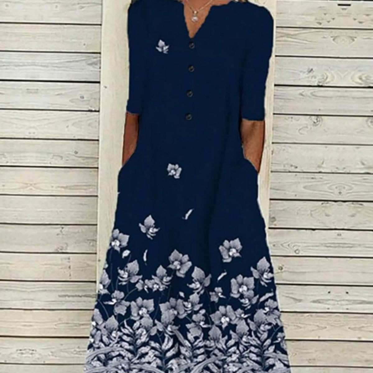 Women's Floral Print Boho Midi Dress V-Neck Short Sleeve Pockets - Dark Blue