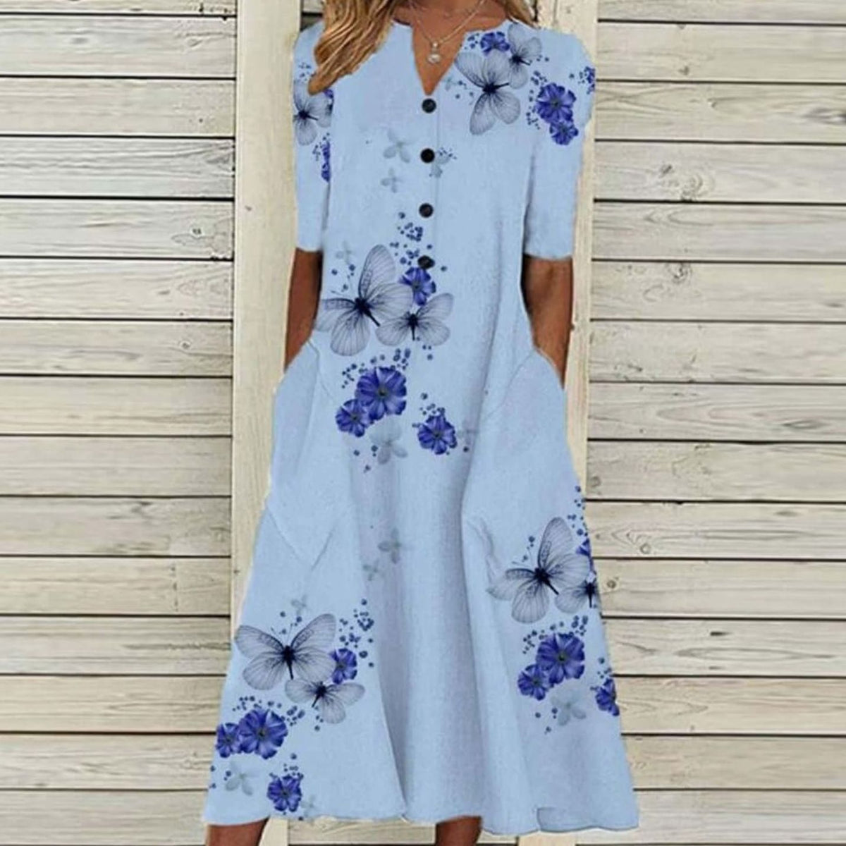Women's Floral Print Boho Midi Dress V-Neck Short Sleeve Pockets - Blue