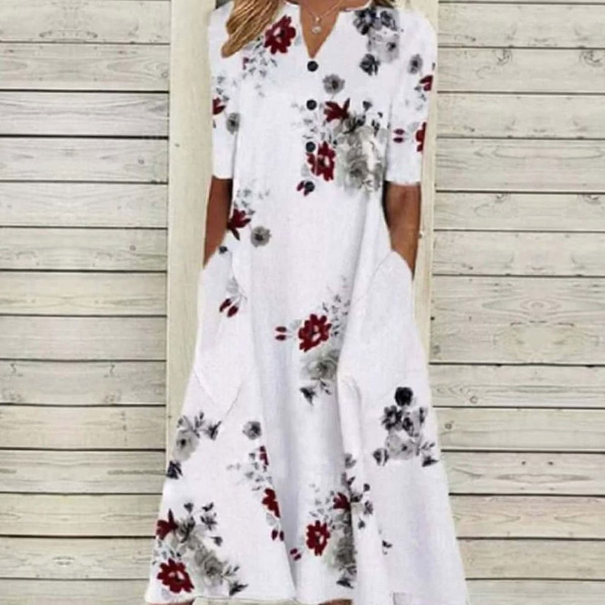 Women's Floral Print Boho Midi Dress V-Neck Short Sleeve Pockets - White Floral