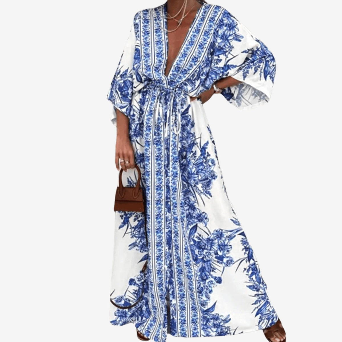 Women's Floral Print Deep V-Neck Drawstring Formal Maxi Dress - Blue