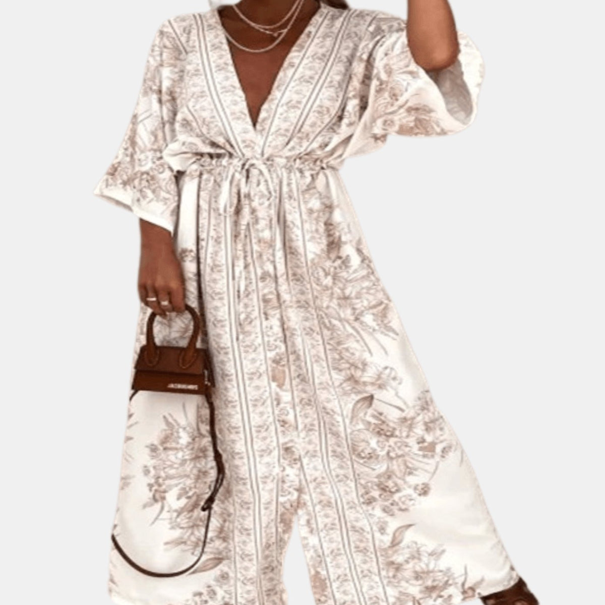 Women's Floral Print Deep V-Neck Drawstring Formal Maxi Dress - Beige
