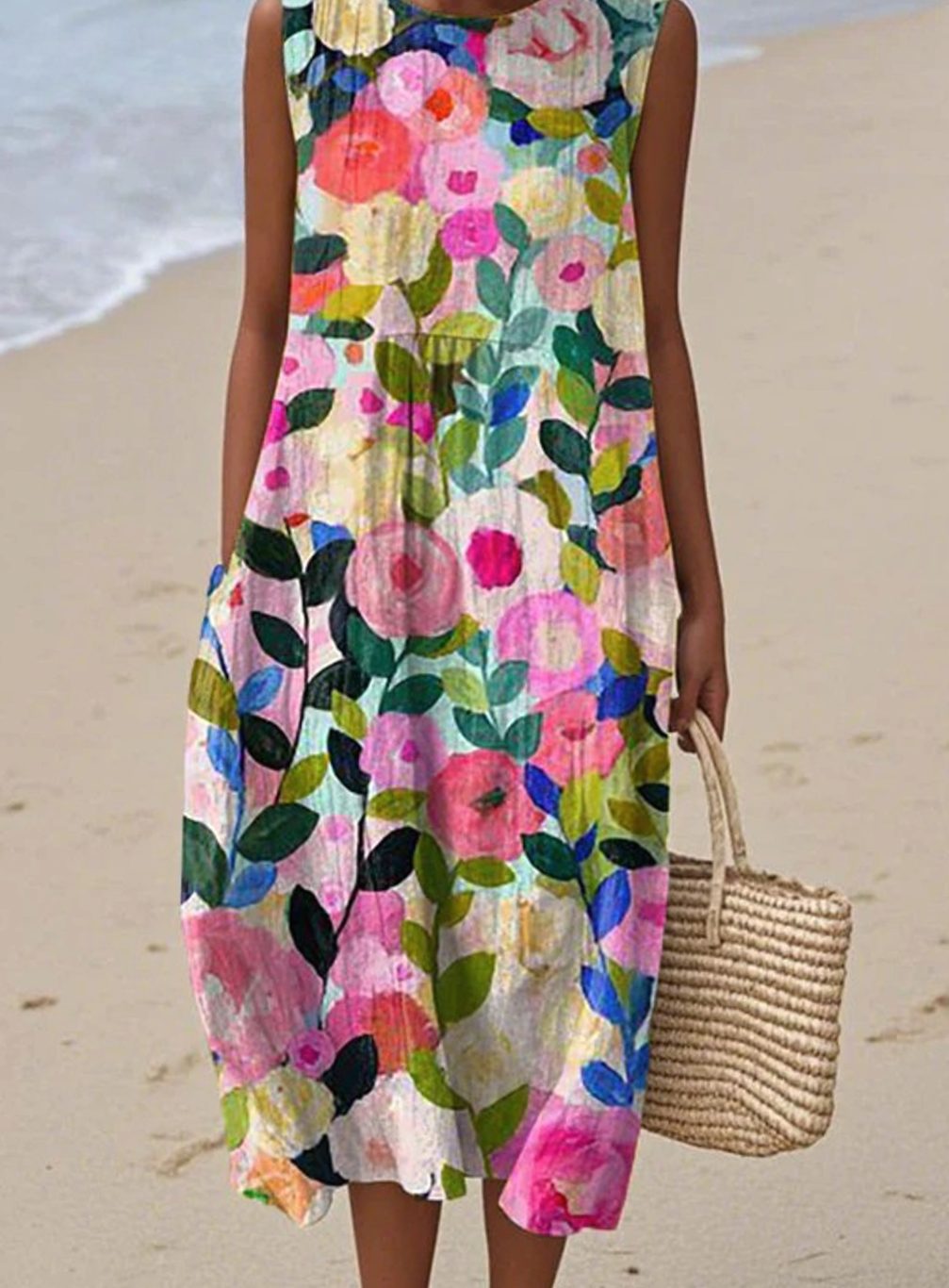 Women's Floral Print Relaxed-Fit Sleeveless Midi Dress - Multicolor