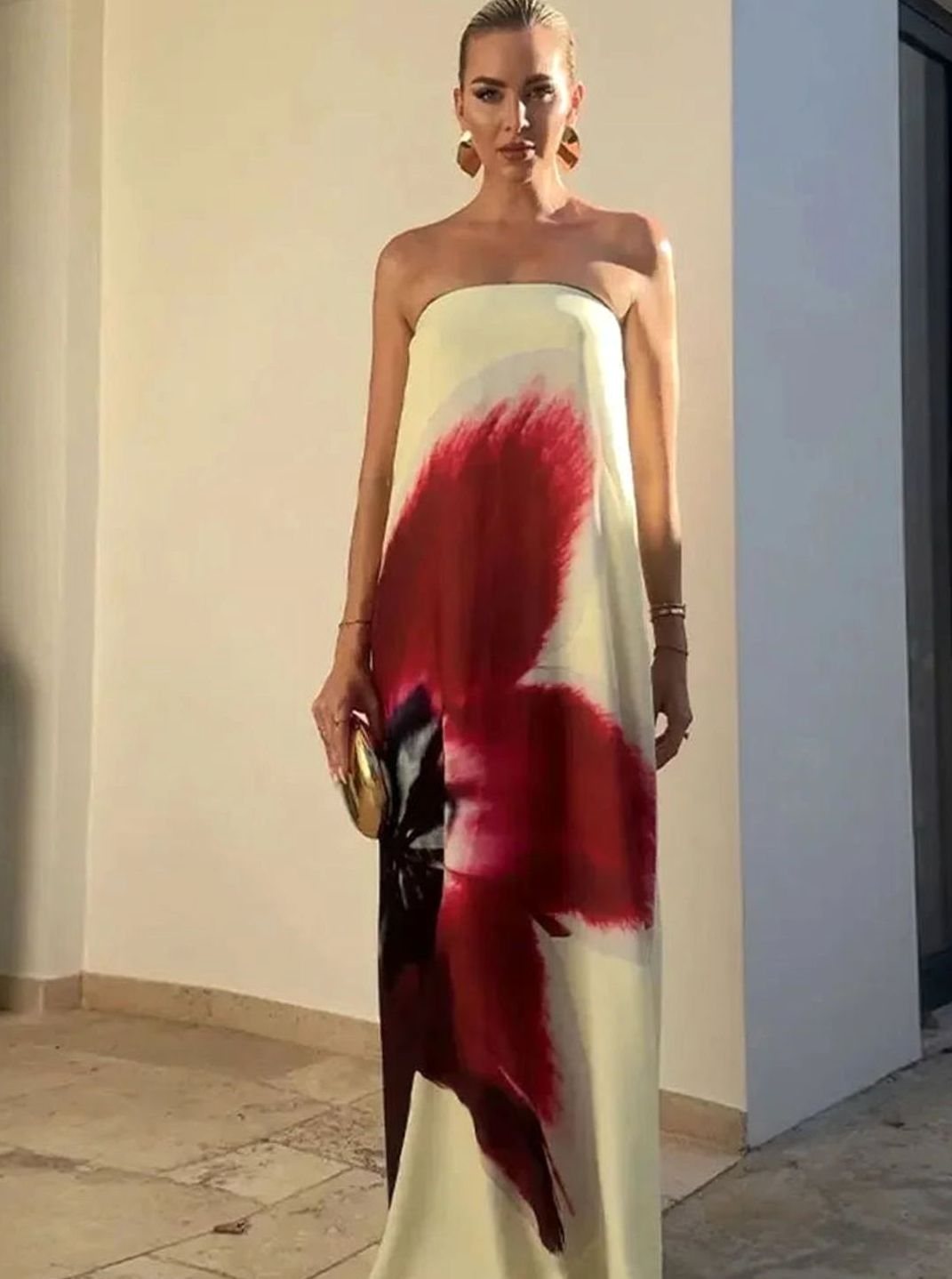 Women's Floral Print Spaghetti-Strap Side-Slit Maxi Dress - Orange Red