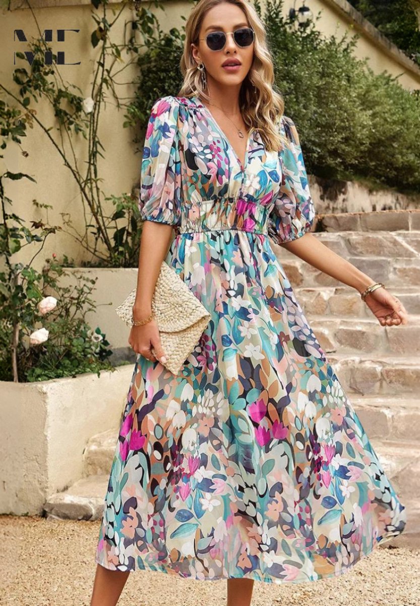 Women's Floral Puff Sleeve V-Neck Midi Wedding Guest Dress - Light Blue