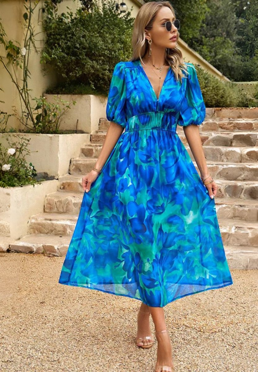 Women's Floral Puff Sleeve V-Neck Midi Wedding Guest Dress