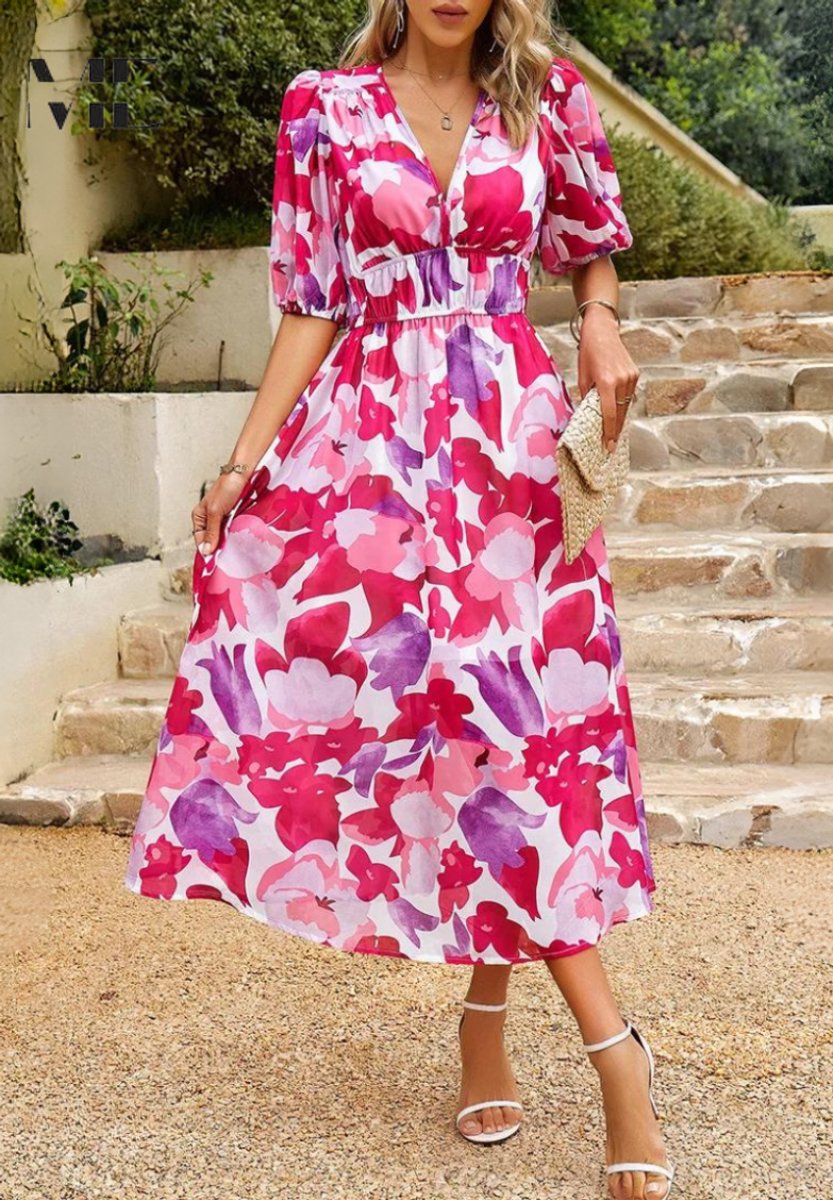 Women's Floral Puff Sleeve V-Neck Midi Wedding Guest Dress