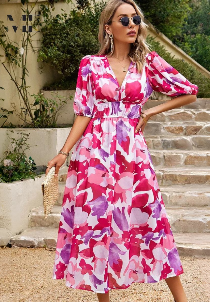 Women's Floral Puff Sleeve V-Neck Midi Wedding Guest Dress - Pink