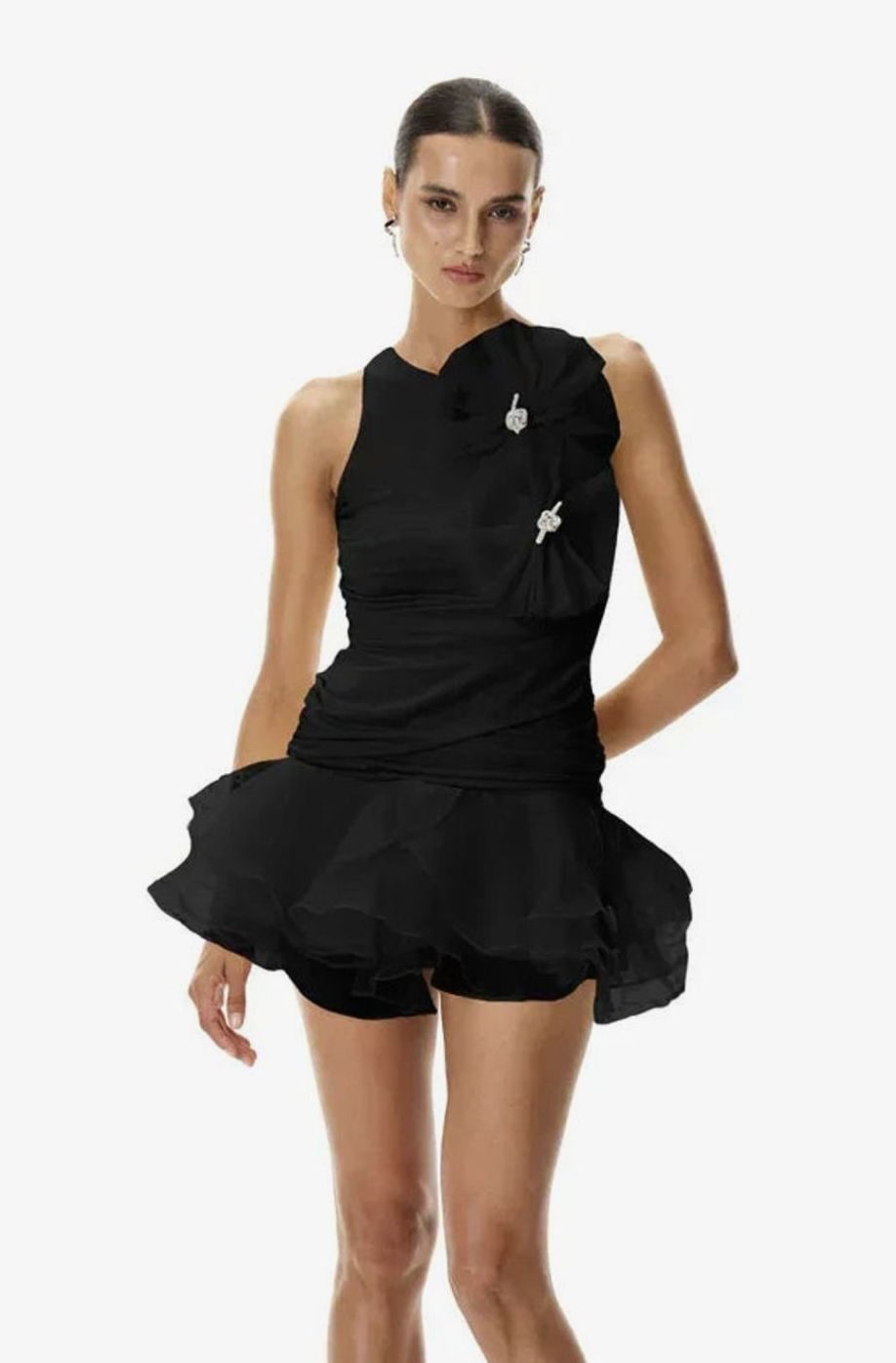 Women's Floral Ruffle Pleated Sleeveless Formal Mini Dress - Black