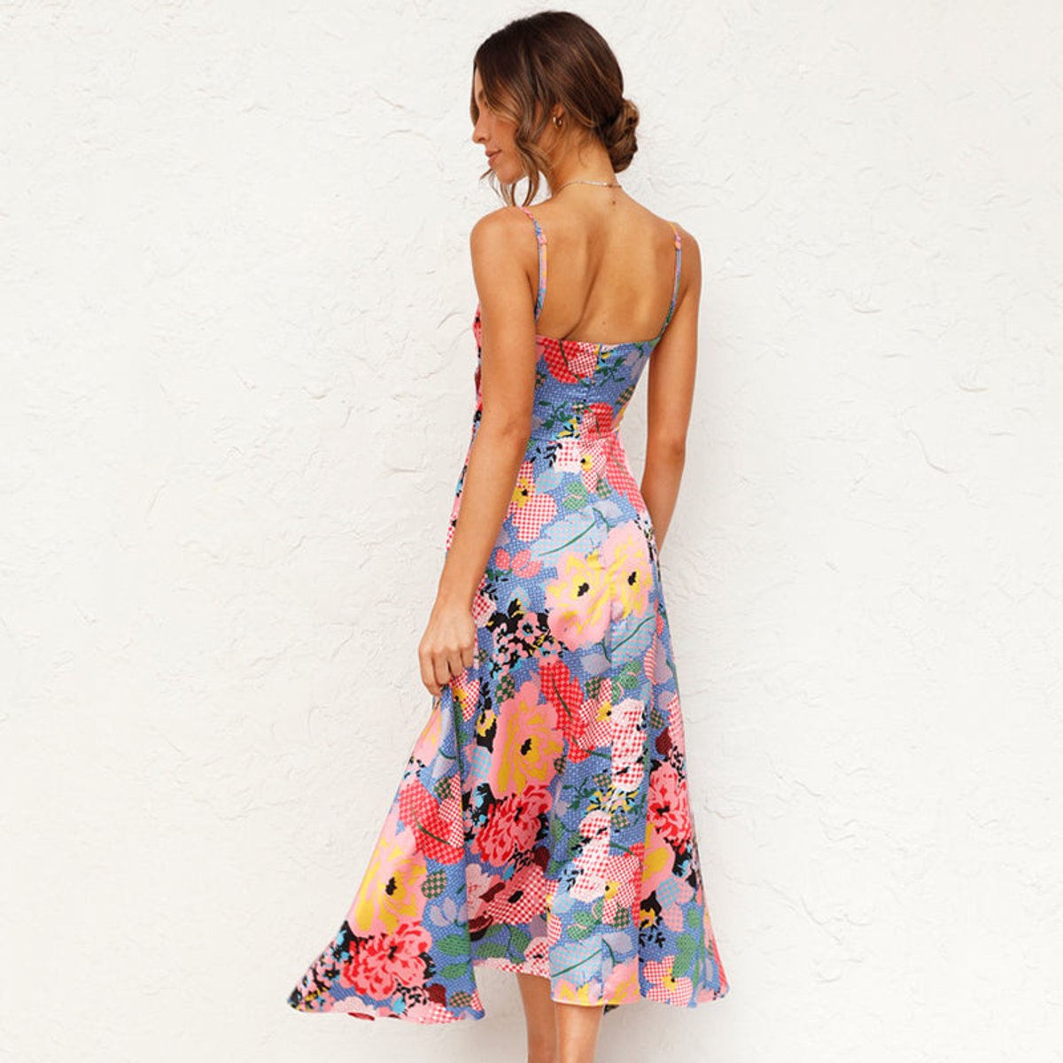 Women's Floral Satin Tie-Front Wedding Guest Dress Maxi