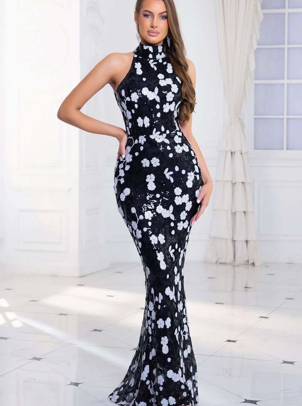 Women's Floral Sequin Formal Gown Sleeveless High-Neck Maxi Dress, Black Gold
