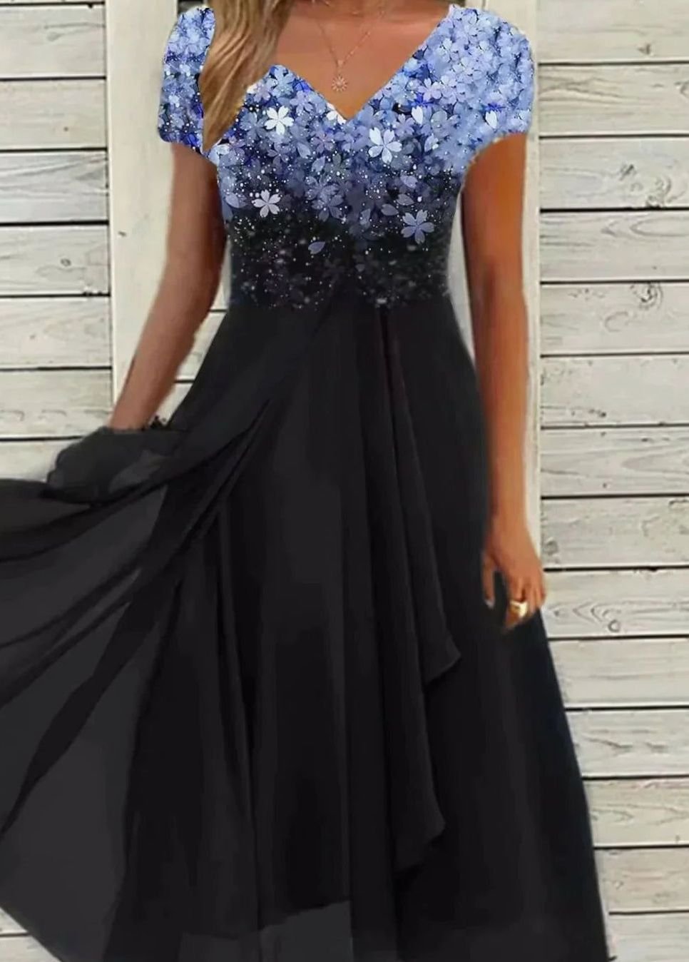 Women's Floral Sequin Midi Evening Formal Dress V-Neck - Blue Black