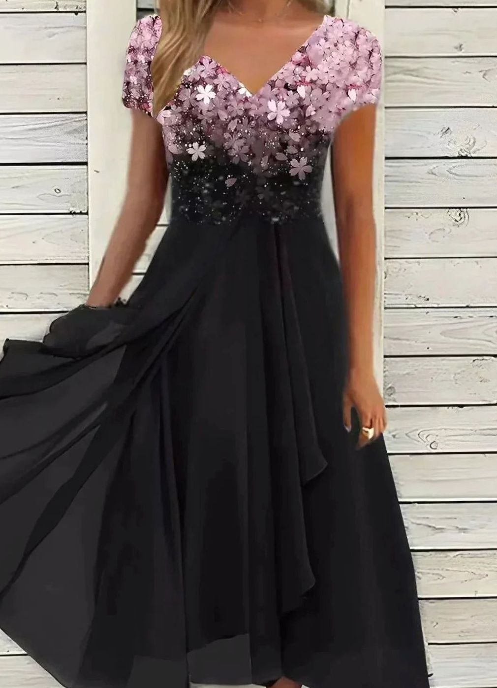 Women's Floral Sequin Midi Evening Formal Dress V-Neck - Pink Black