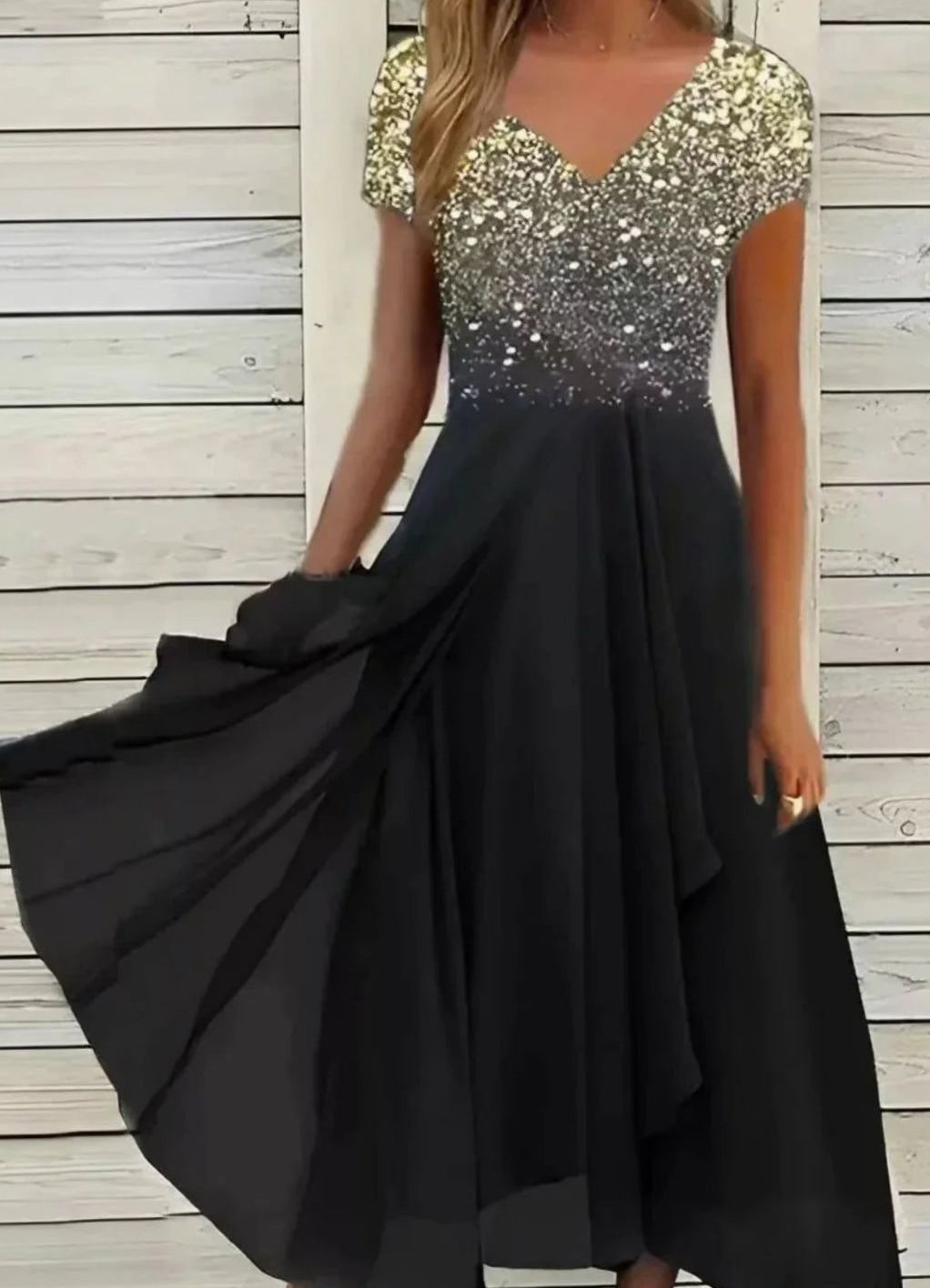 Women's Floral Sequin Midi Evening Formal Dress V-Neck - Gold Black