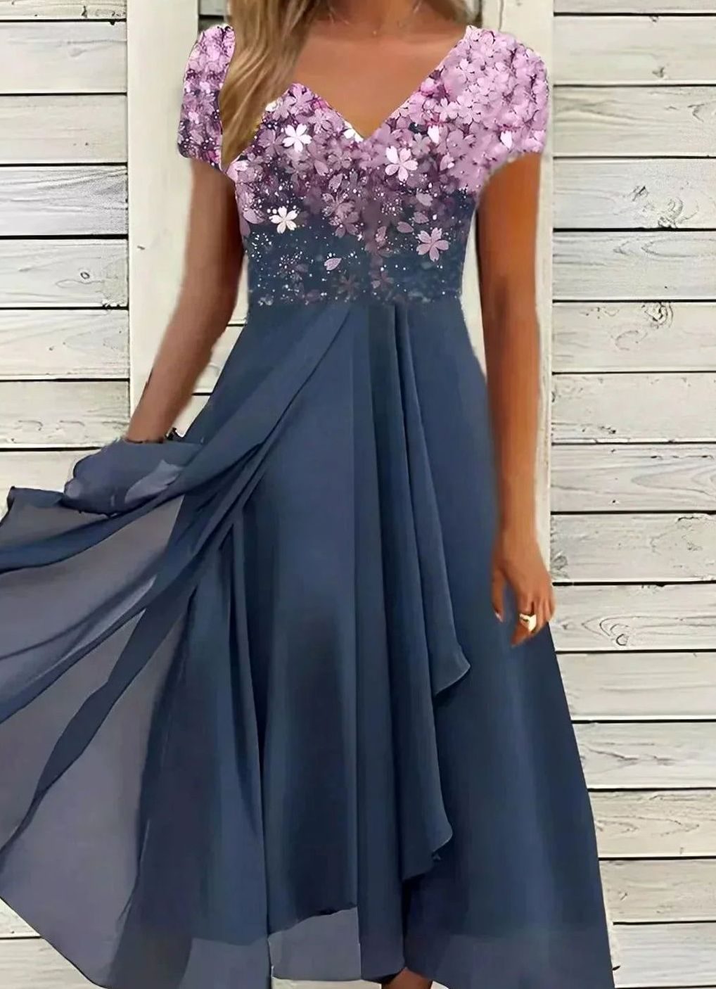 Women's Floral Sequin Midi Evening Formal Dress V-Neck - Pink Blue