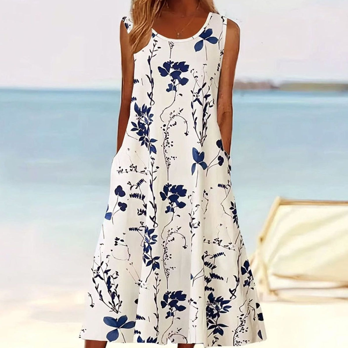 Women's Floral Sleeveless A-Line Midi Sundress with Pockets - Blue