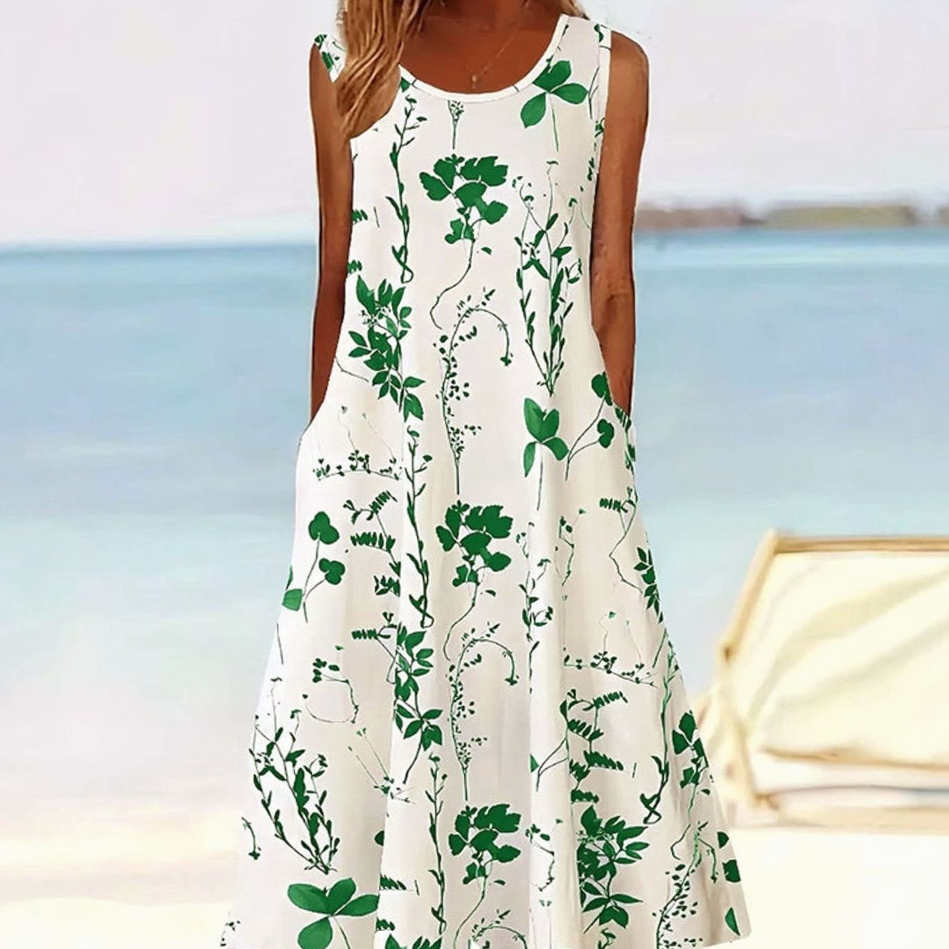Women's Floral Sleeveless A-Line Midi Sundress with Pockets - Green