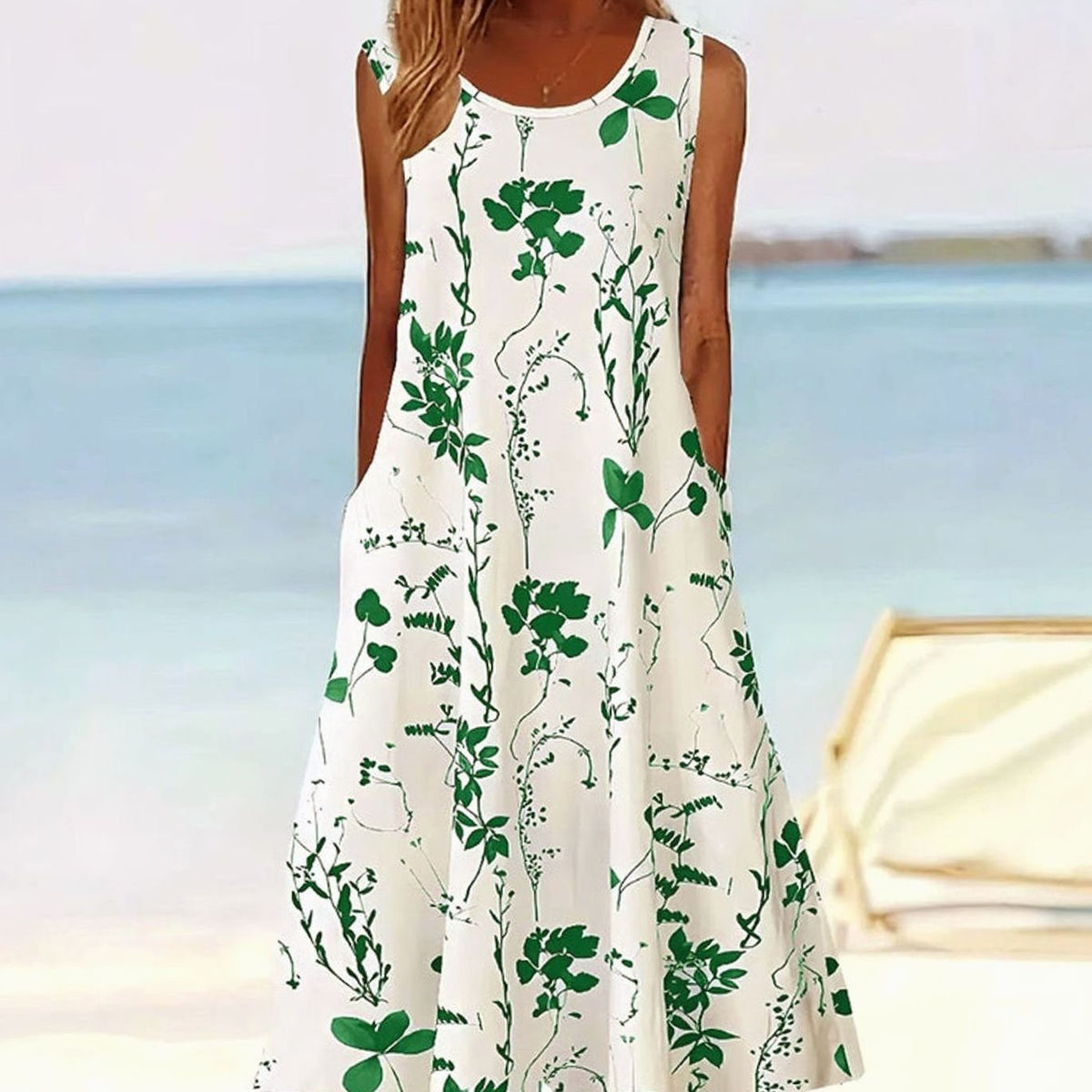 Women's Floral Sleeveless A-Line Midi Sundress with Pockets - Green