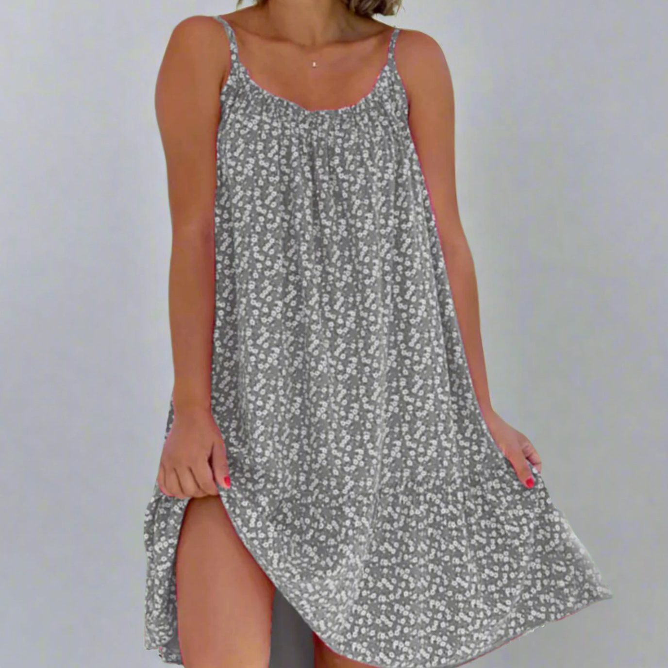 Women's Floral Spaghetti-Strap Swing Mini Dress - Grey
