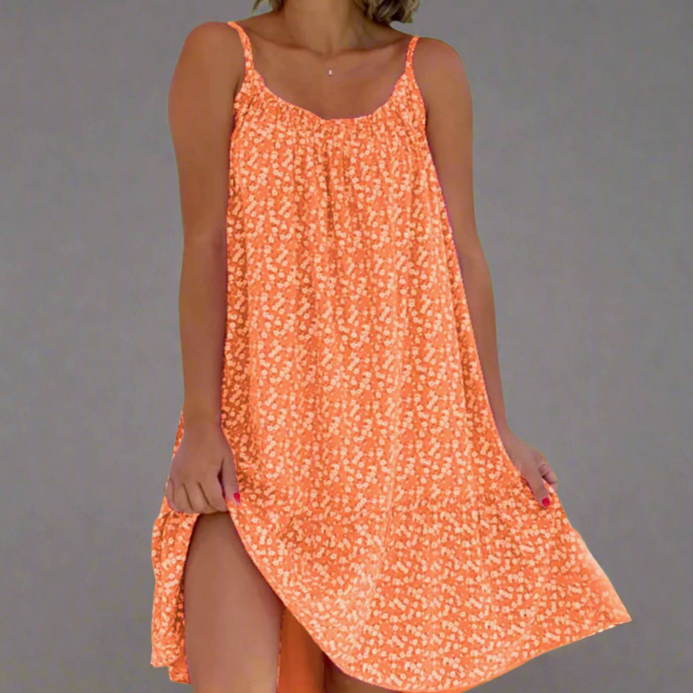 Women's Floral Spaghetti-Strap Swing Mini Dress - Orange
