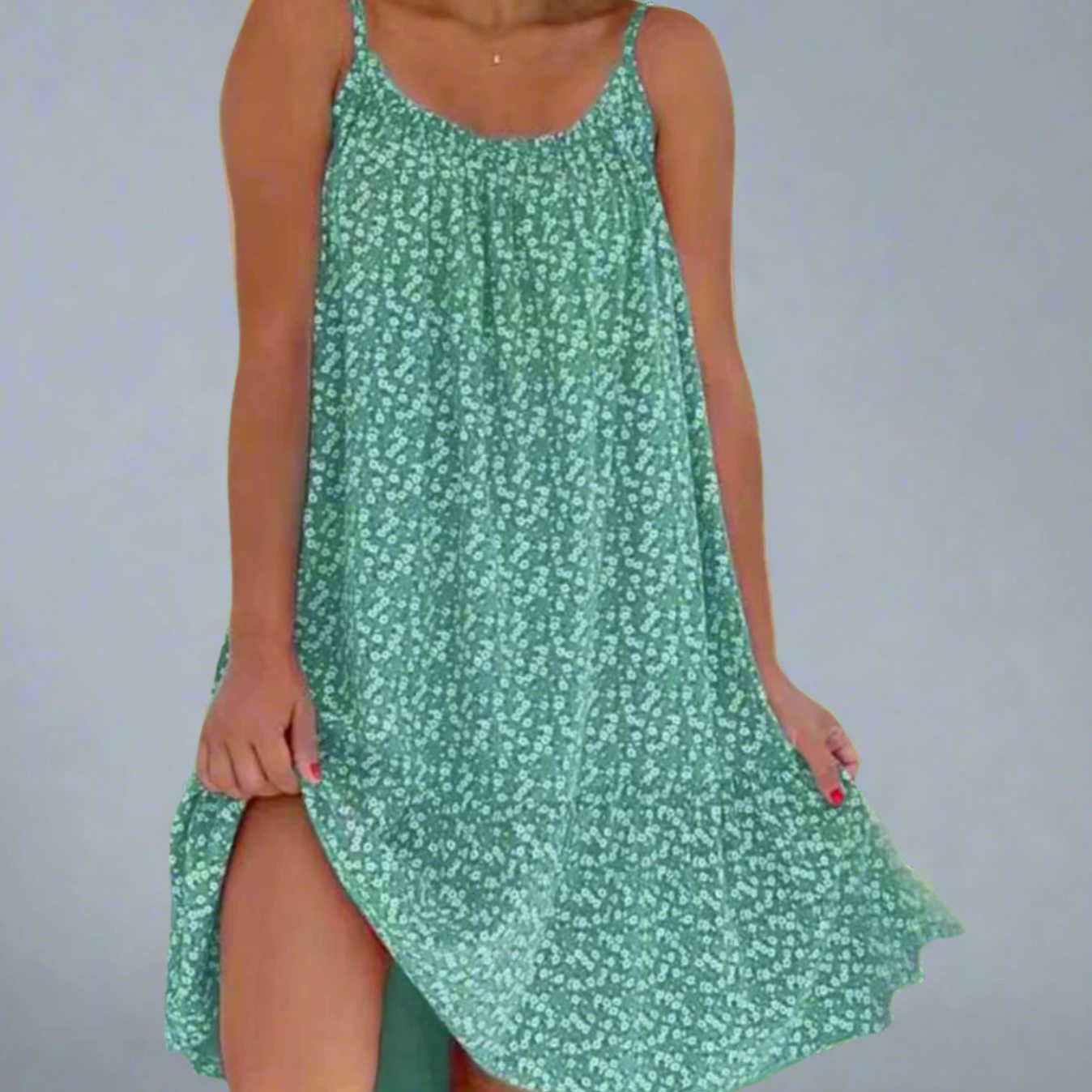 Women's Floral Spaghetti-Strap Swing Mini Dress - Green