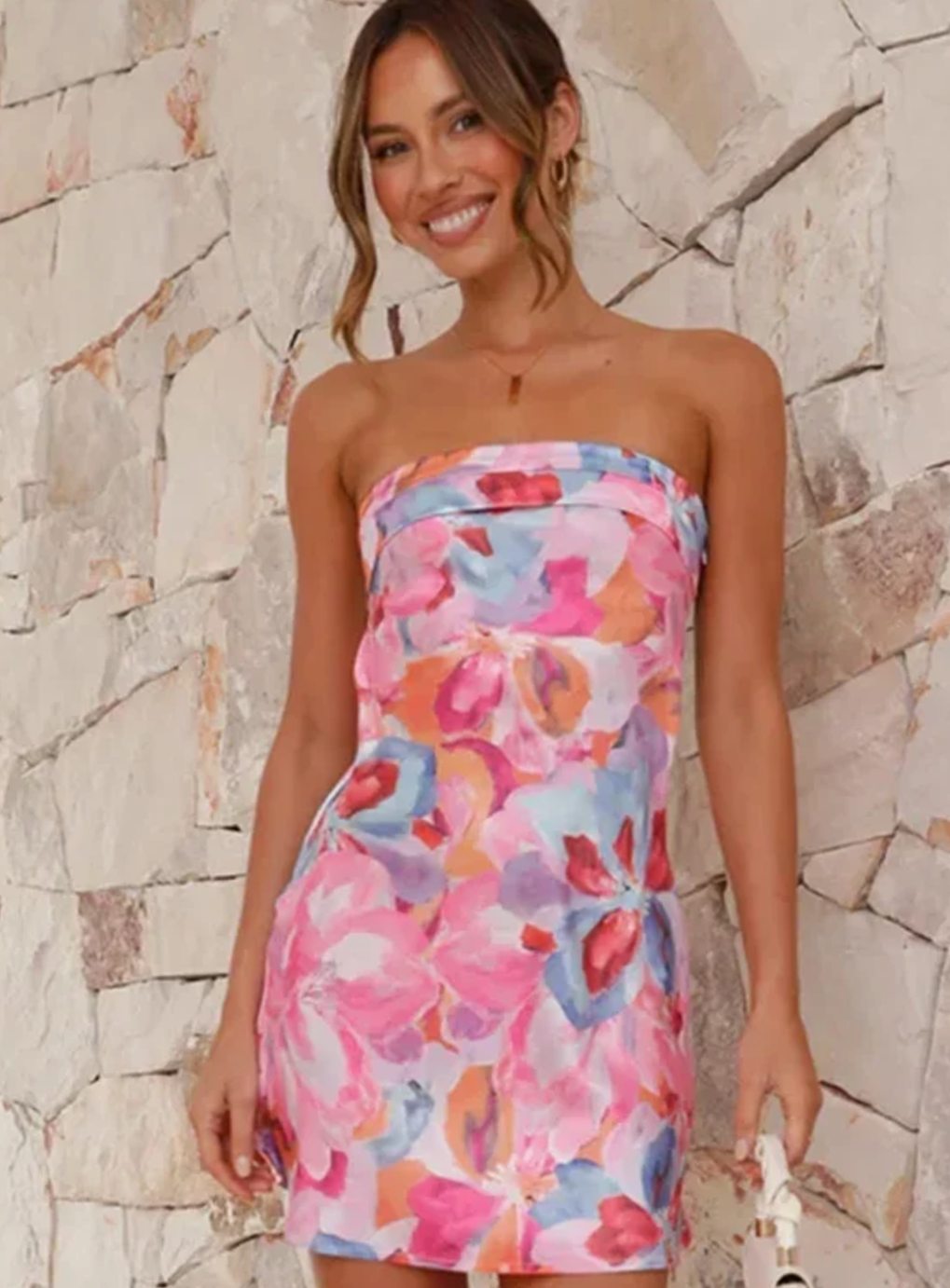 Women's Floral Strapless Bandeau Mini Dress for Summer - Pink