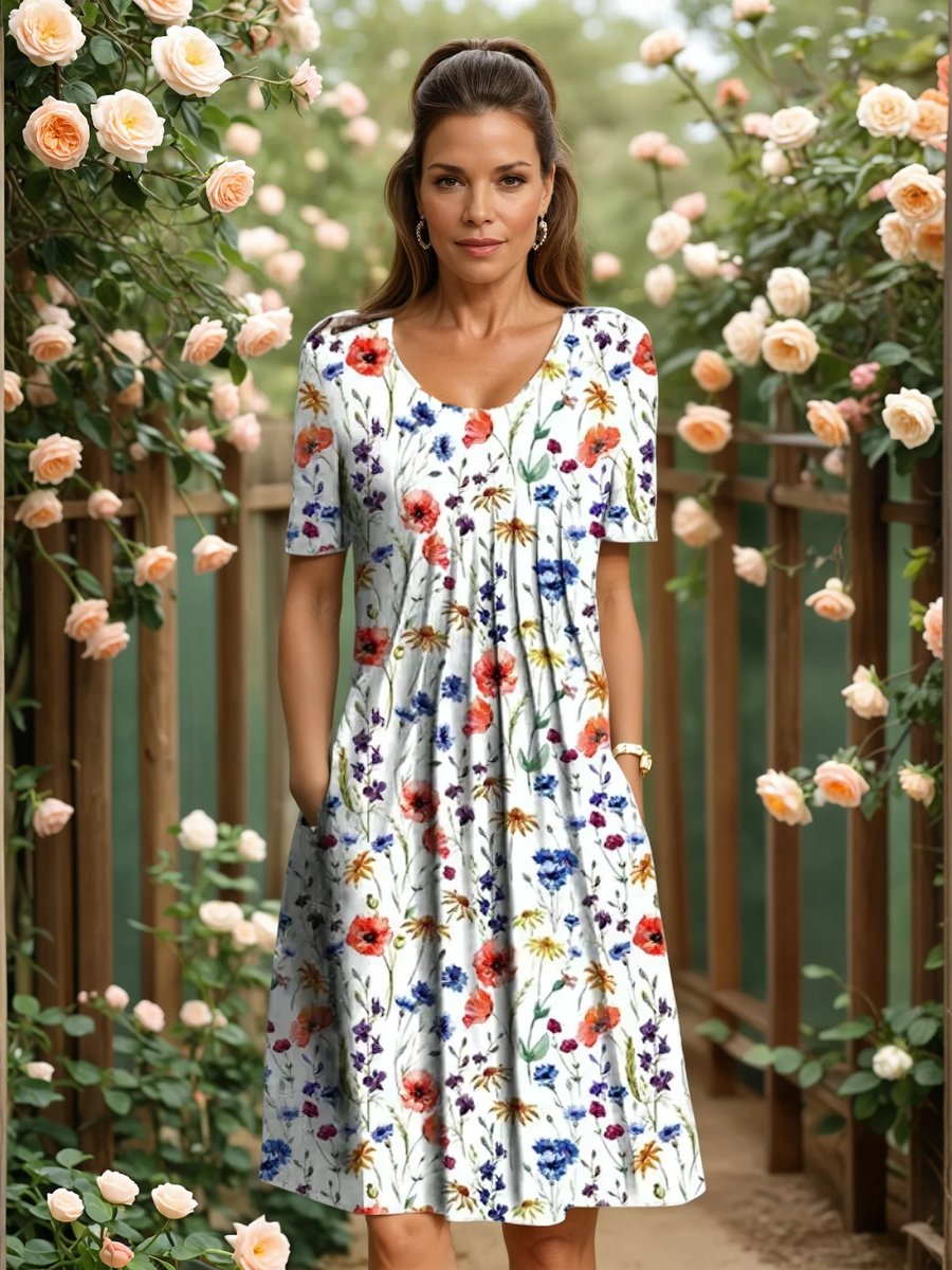 Women's Floral Summer Dress A-Line Midi Everyday Stretch - Red Floral