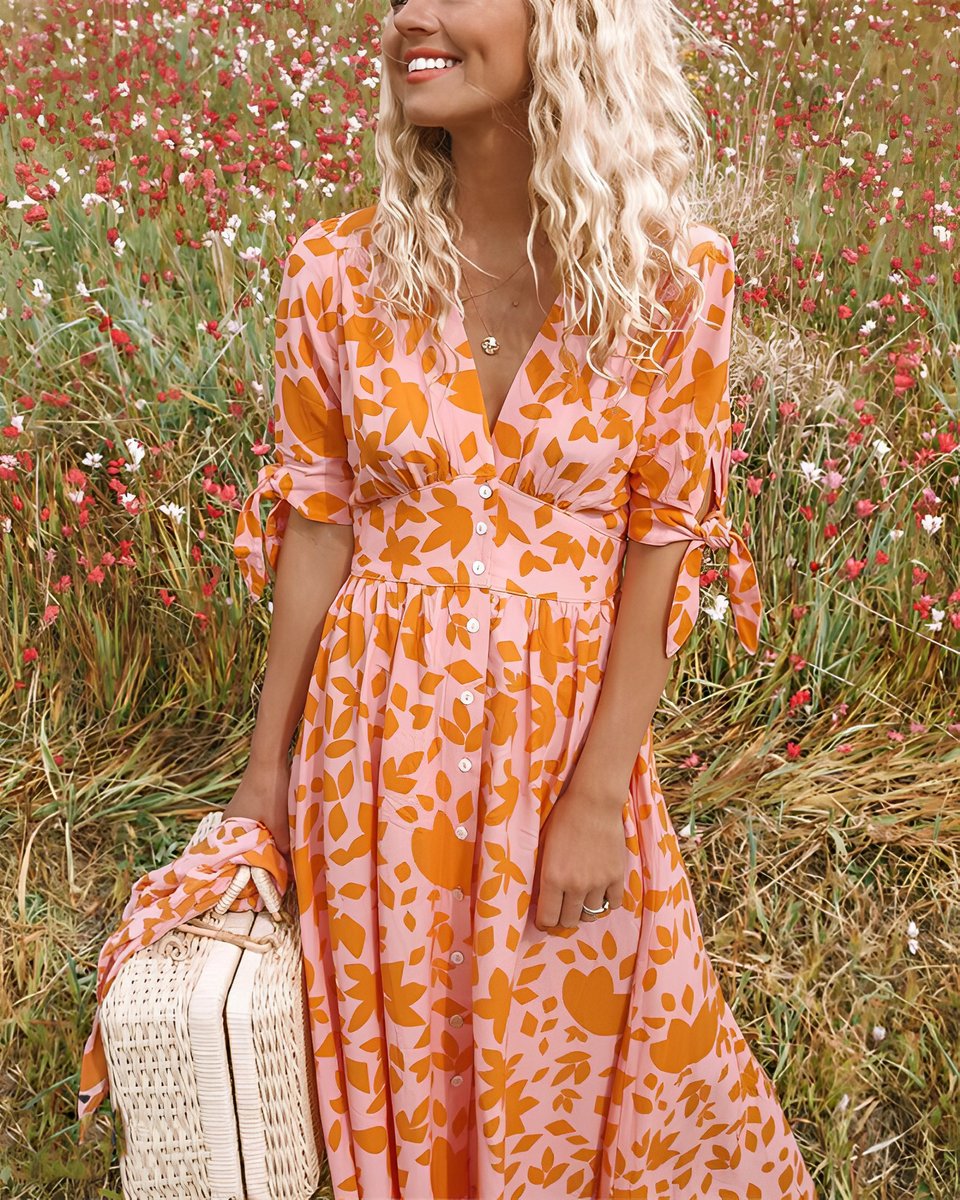 Women's Floral Summer Dress Elegant Midi Occasion - Orange