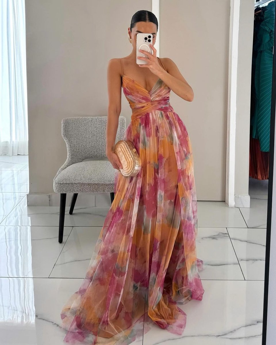 Women's Floral Summer Dress Maxi V-Neck High-Waist Chiffon Gown - Orange
