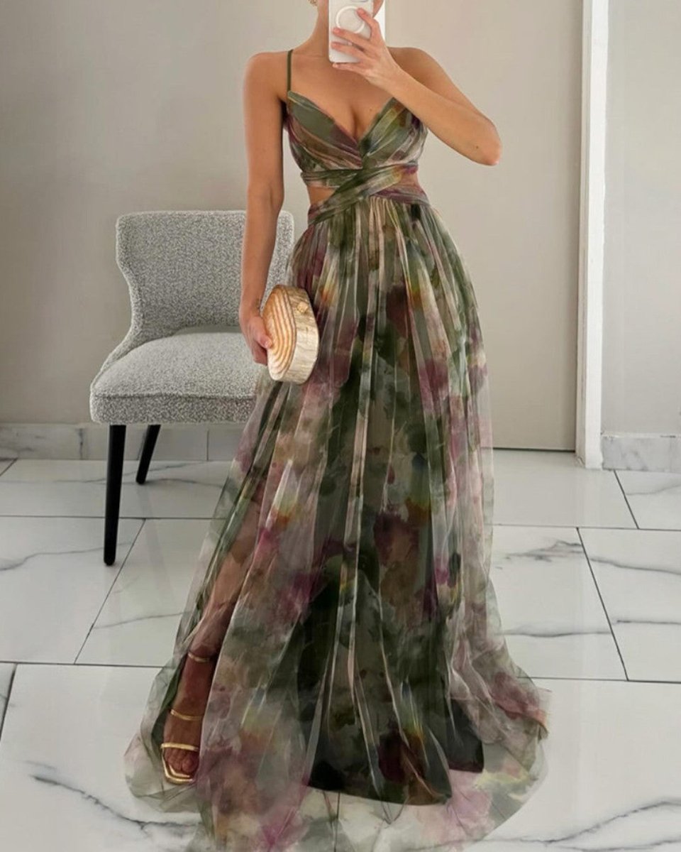 Women's Floral Summer Dress Maxi V-Neck High-Waist Chiffon Gown - Green