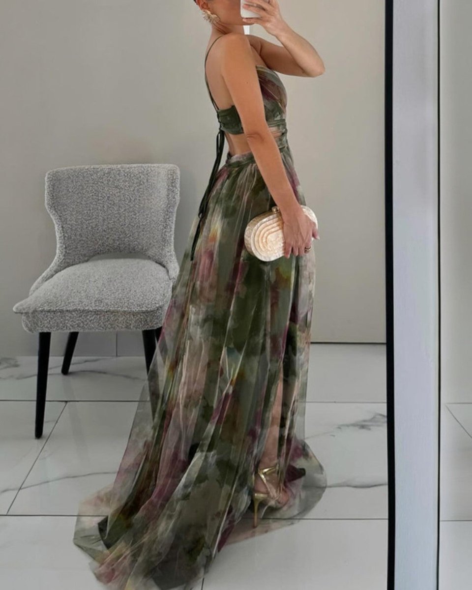 Women's Floral Summer Dress Maxi V-Neck High-Waist Chiffon Gown