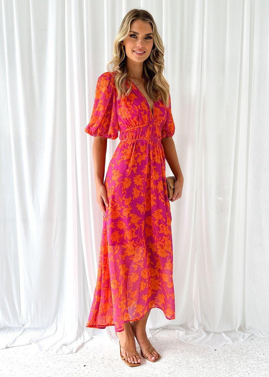Women's Floral Summer Dress V-Neck Puff Sleeve Midi