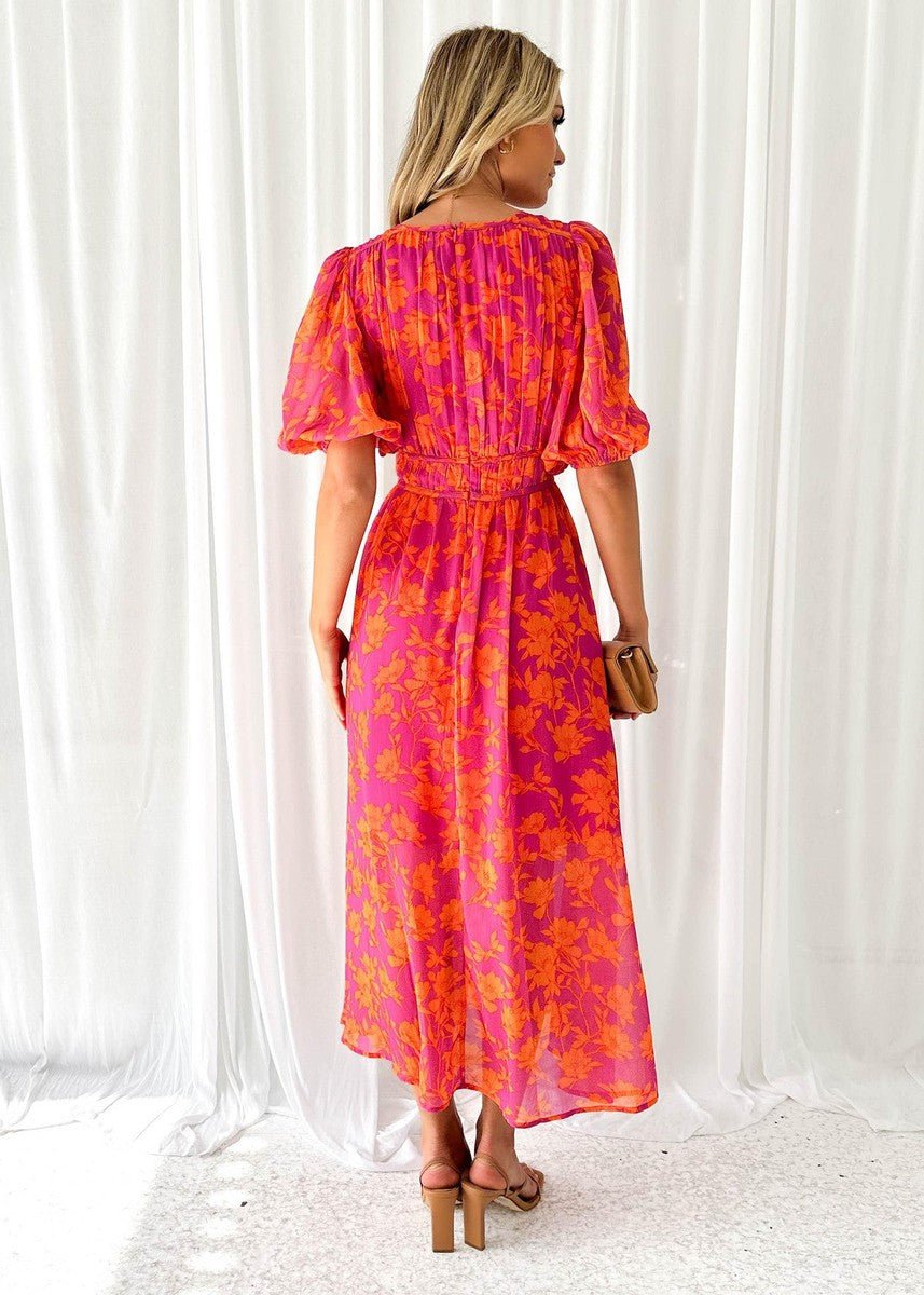 Women's Floral Summer Dress V-Neck Puff Sleeve Midi