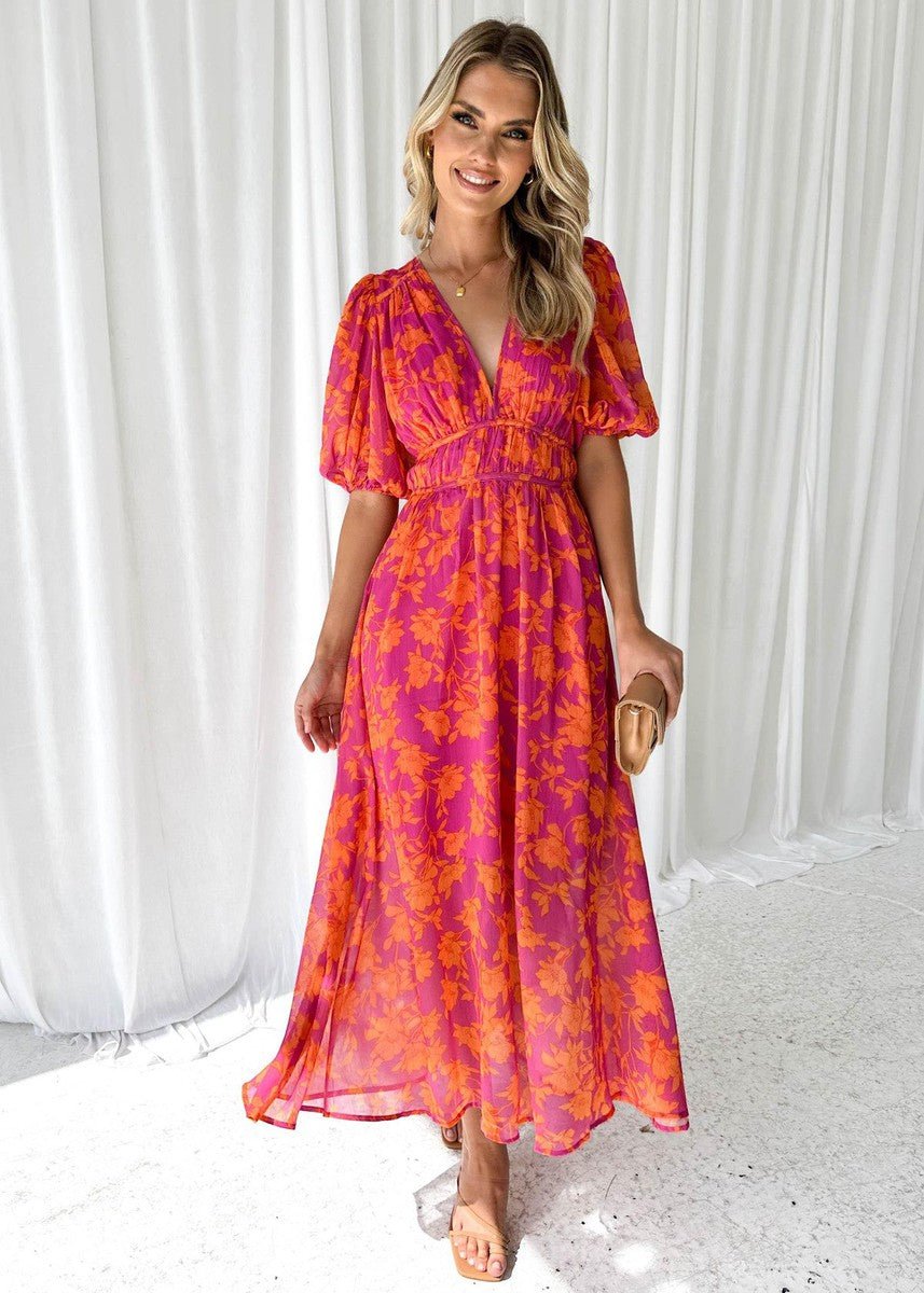 Women's Floral Summer Dress V-Neck Puff Sleeve Midi