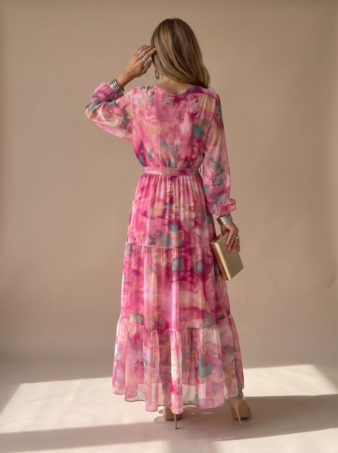 Women's Floral Tiered Wrap Maxi Dress Belted Long Sleeve