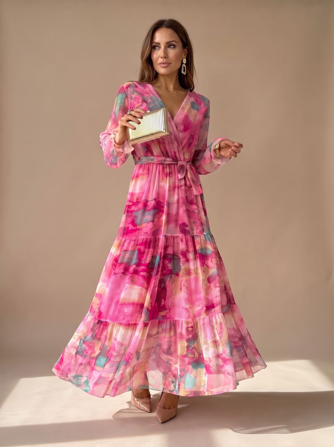 Women's Floral Tiered Wrap Maxi Dress Belted Long Sleeve