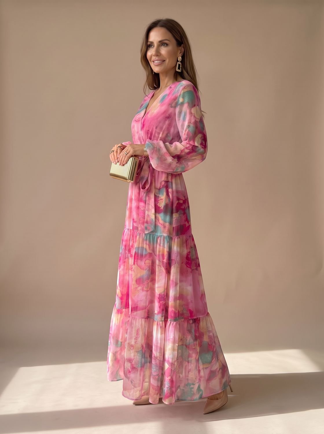 Women's Floral Tiered Wrap Maxi Dress Belted Long Sleeve - Rose Pink